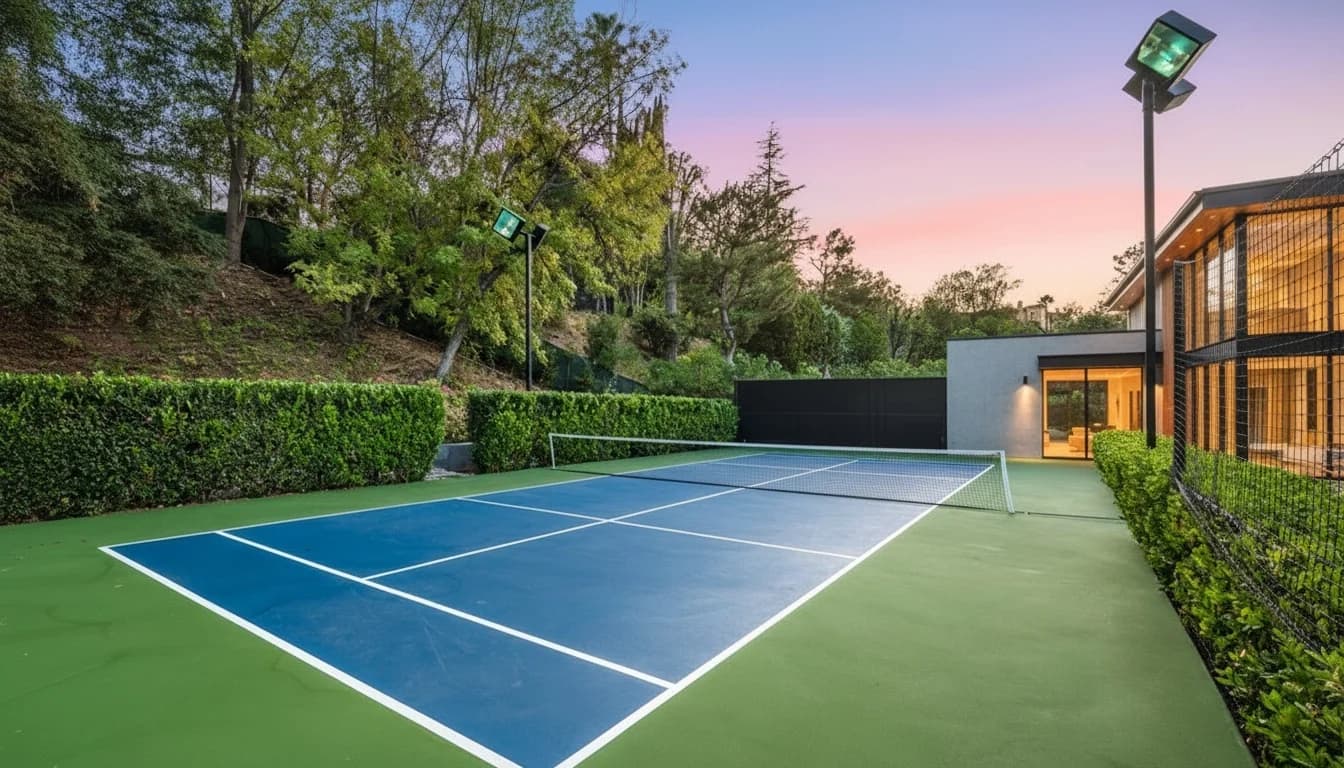 A modern blue and green outdoor tennis court with white lines, surrounded by manicured hedges and trees, next to a contemporary house at twilight.